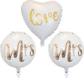 Bruiloft Decoratie Helium Ballonnen Mrs & Mrs Huwelijk Versiering Feest Versiering Wit & Goud Met Rietje 40 Cm – 3 Stuks