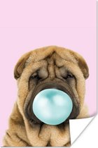 Poster Hond - Kauwgom - Roze - Blauw - Meisjes - Kids - 40x60 cm - Poster Meisjeskamer - Poster Kinderkamer Meisje