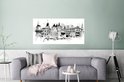 Paysage urbain monochrome d'Amsterdam avec moulin à vent et maisons de canal, avec le mot 'Amsterdam' en calligraphie élégante.