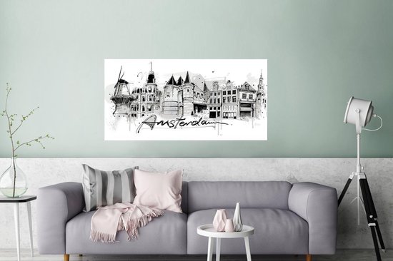 Paysage urbain monochrome d'Amsterdam avec moulin à vent et maisons de canal, avec le mot 'Amsterdam' en calligraphie élégante.