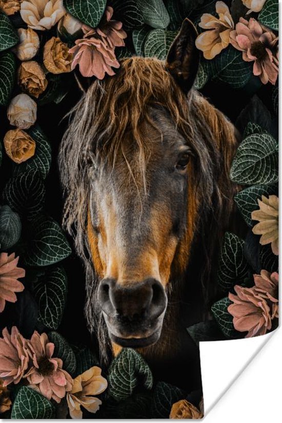Poster Paard - Bloemen - Bladeren