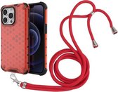 Schokbestendige honingraat pc + TPU-hoes met nekkoord voor iPhone 13 Pro (rood)