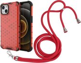 Schokbestendige honingraat pc + TPU-hoes met nekkoord voor iPhone 13 (rood)