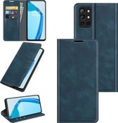 Voor OnePlus 9R Retro-skin Zakelijke magnetische zuignap lederen hoes met houder en kaartsleuven en portemonnee (donkerblauw)