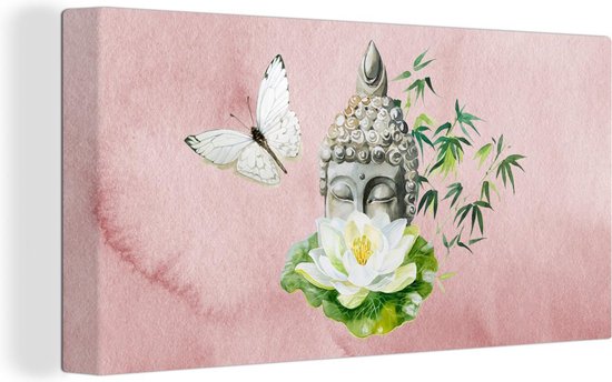 Canvas Schilderij Boeddha - Vlinder - Roze - 80x40 cm - Wanddecoratie