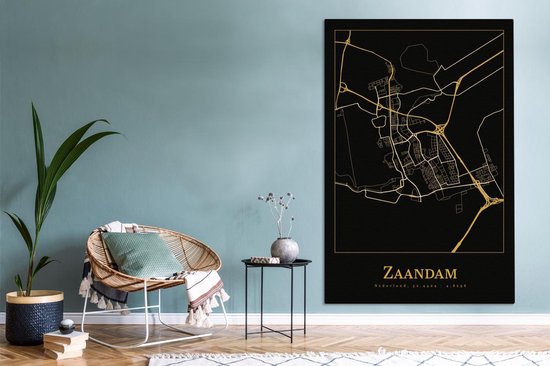 Toile Peinture Carte - Zaandam - Or - Zwart - 120x180 cm - Décoration murale XXL