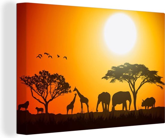 Tableau Sur Toile Animaux Savane - Girafe, Lion, éléphant - Décoration Salon, Toile Non Encadrée