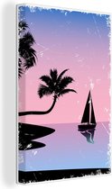 Canvas Schilderij Boot - Palmboom - Nacht - Zomer - 80x120 cm - Wanddecoratie