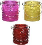 Set van 3x stuks citronella anti muggen kaarsen windlicht roze, geel en rood 20 branduren