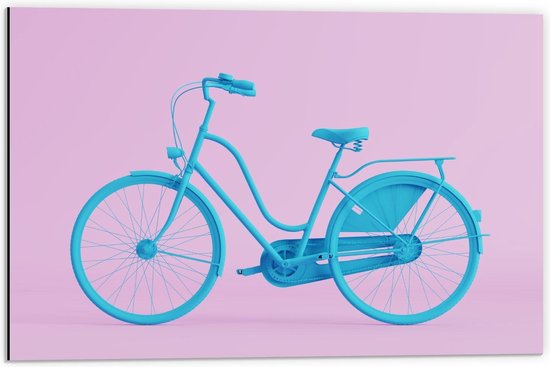 Dibond - Blauwe fiets met Roze Achtergrond - 60x40cm Foto op Aluminium (Met Ophangsysteem)
