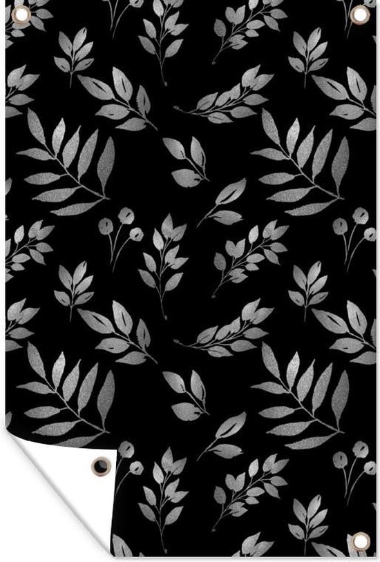 Tuinposter - Tuindoek - Tuinposters buiten - Patroon van takken met bladeren en bessen op een zwarte achtergrond - zwart wit - 80x120 cm - Tuin