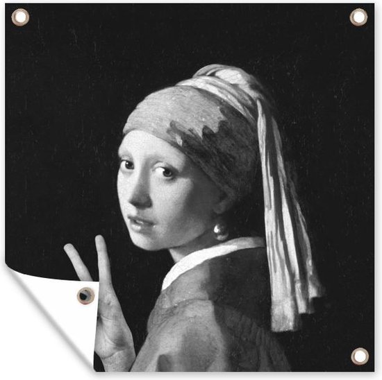Tuindoek Het meisje met de parel - Johannes Vermeer - Zwart - Wit - 100x100 cm