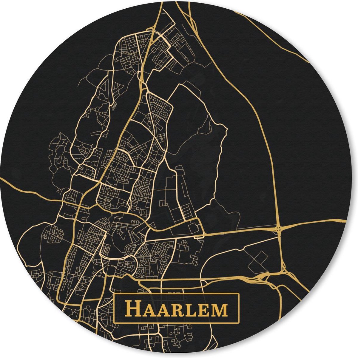 Muismat rond 30x30 cm - Mousepad Kaart - Haarlem - Luxe - Goud - Zwart - Ronde muismatten