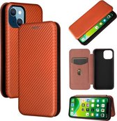 Koolstofvezeltextuur Magnetische horizontale flip TPU + pc + PU-lederen hoes met kaartsleuf voor iPhone 13 mini (bruin)