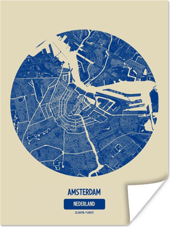 Poster Stadskaart - Amsterdam - Cirkel - Blauw - Plattegrond