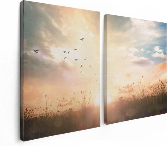 Artaza Canvas Schilderij Tweeluik Silhouet Vogels Tijdens Zonsopkomst - 120x80 - Foto Op Canvas - Canvas Print