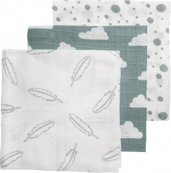 Meyco Feather-Clouds-Dots 3-pack hydrofiele luiers - 70 x 70 cm - Jade/wit
