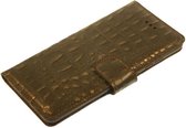 Made-NL Handgemaakte iPhone 13 book case Bruin Zwart goud Krokodillenprint leer hoesje
