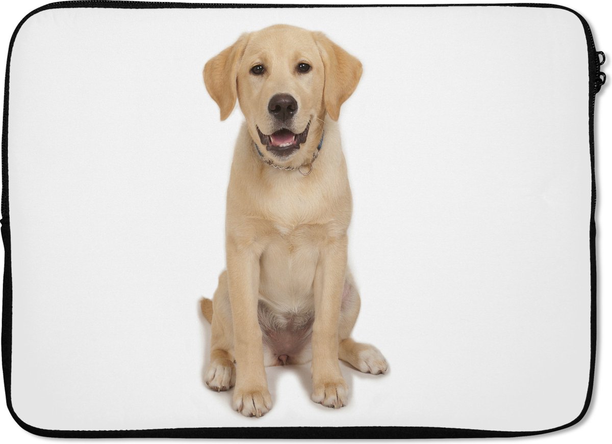 Laptophoes 14 inch - Labrador puppy voor witte achtergrond - Laptop sleeve - Binnenmaat 33x23 cm - Zwarte achterkant