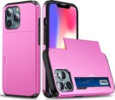 Schokbestendige pantserbeschermhoes met schuifkaartsleuf voor iPhone 13 Pro Max (roze)