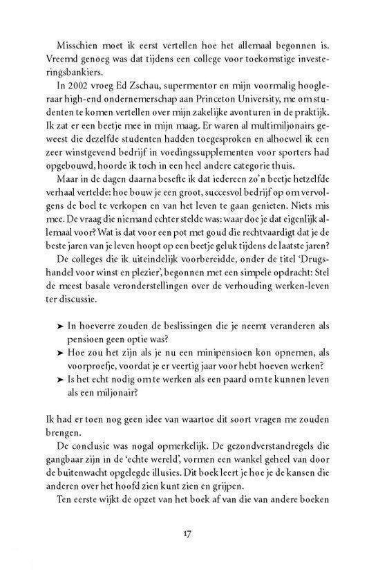 Tekst over de studie van de auteur en de principes van de '4-urige werkweek'.