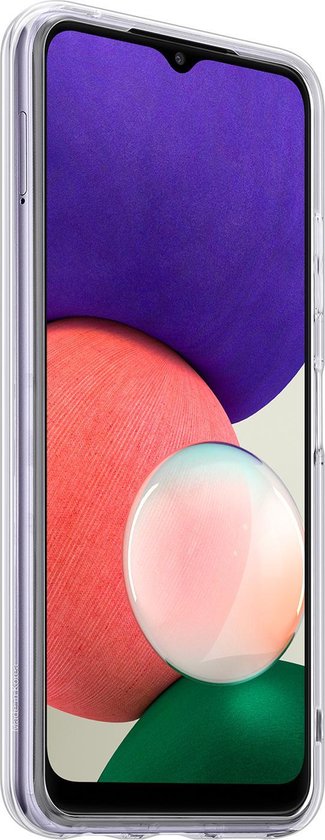 Transparante Samsung telefoonhoes voor de Galaxy A22 (5G) met een paars, roze en groene achtergrond.