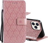 Geperst afdrukken rotan bloemenpatroon horizontale flip PU lederen tas met houder & kaartsleuven & portemonnee & fotolijst voor iPhone 13 Pro Max (rosé goud)