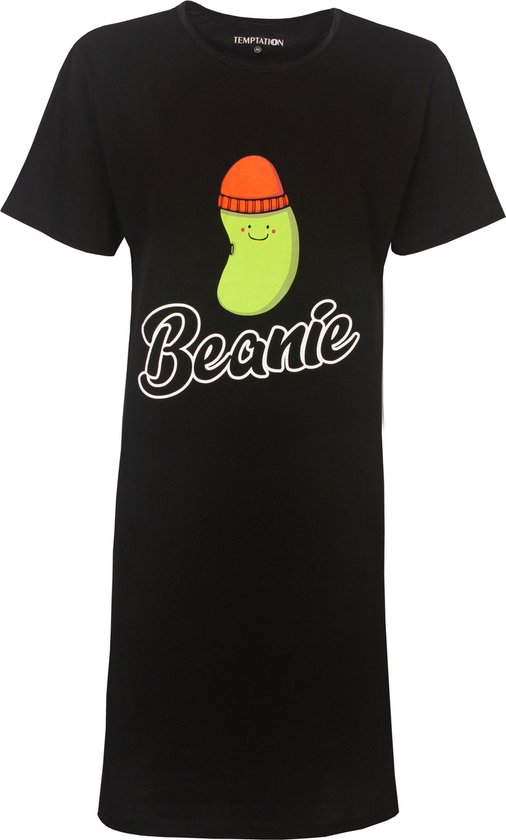 Temptation Dames Nachthemd - Bigshirt - Beanie Print - Zwart - Maat XL