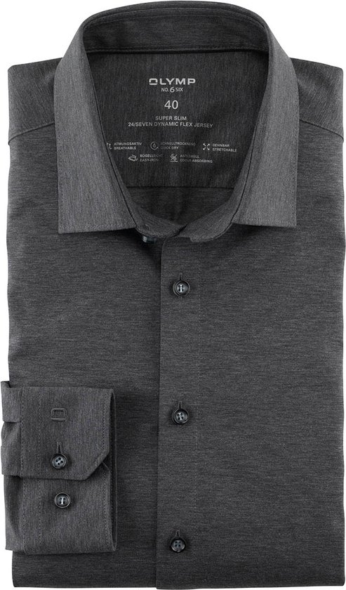OLYMP No. Six 24/Seven super slim fit overhemd - tricot - antraciet grijs - Strijkvriendelijk - Boordmaat: 40