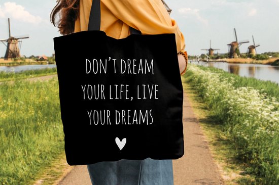 Sac bandoulière - Sac de plage - Shopper Citation anglaise Ne rêve pas ta vie, vis tes rêves avec un coeur sur fond noir - 45x45 cm - Sac en coton