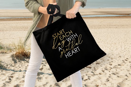 Sac Bandoulière - Sac de Plage - Citation Shopper - Coeur - Goud - Zwart - 40x40 cm - Sac en coton