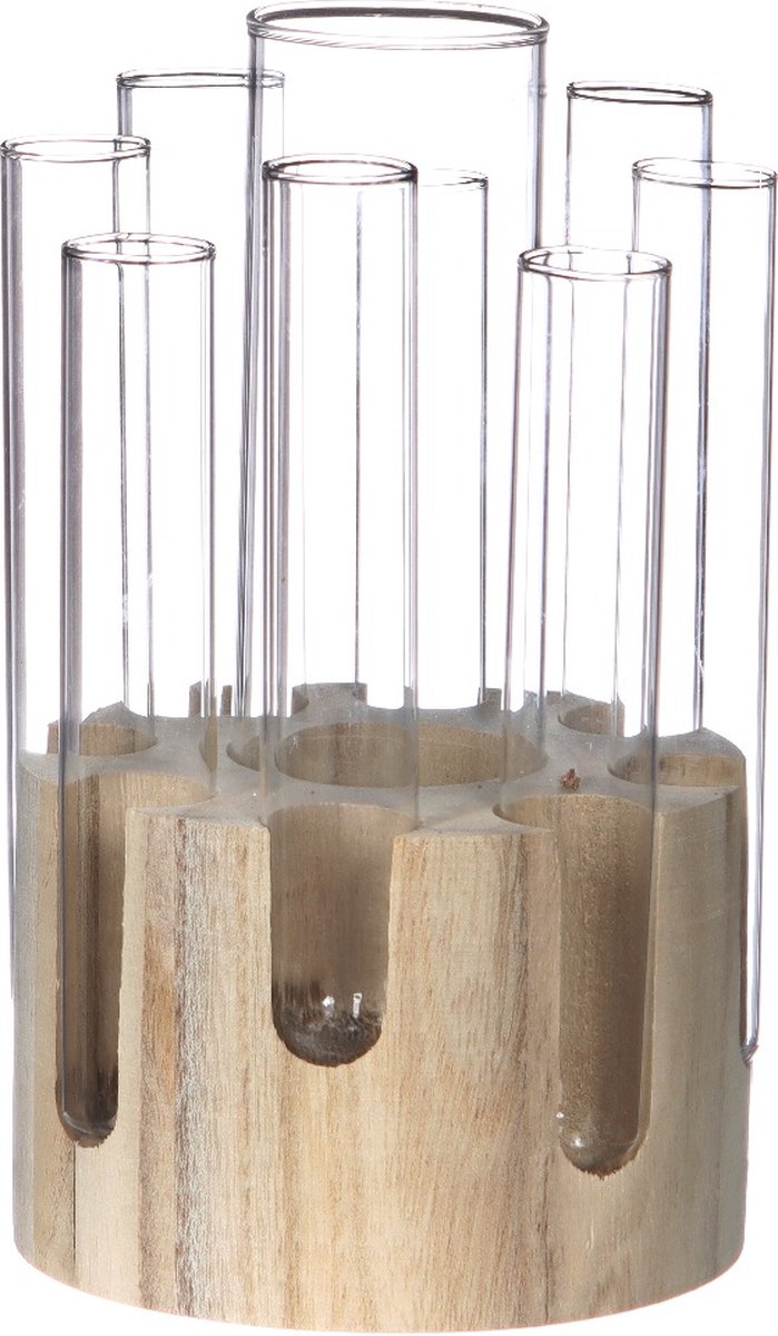 Diverse glazen buisjes in houten standaard 20cm hoog - 1 st