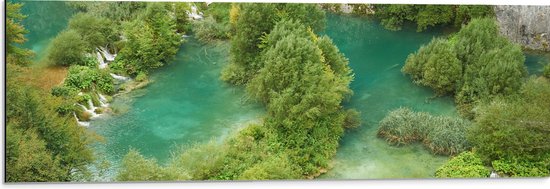 WallClassics - Dibond - Kleine Watervallen tussen Bomen - 90x30 cm Foto op Aluminium (Met Ophangsysteem)