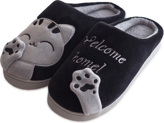 Geweo Home Sloffen - Pantoffels - Open Sloffen - Koraal Fleece Pantoffels Dames - Antislip - Leuk Katje - Kerstmis - Kerstfeest - Christmas Gift - Zwart - Maat 37/38