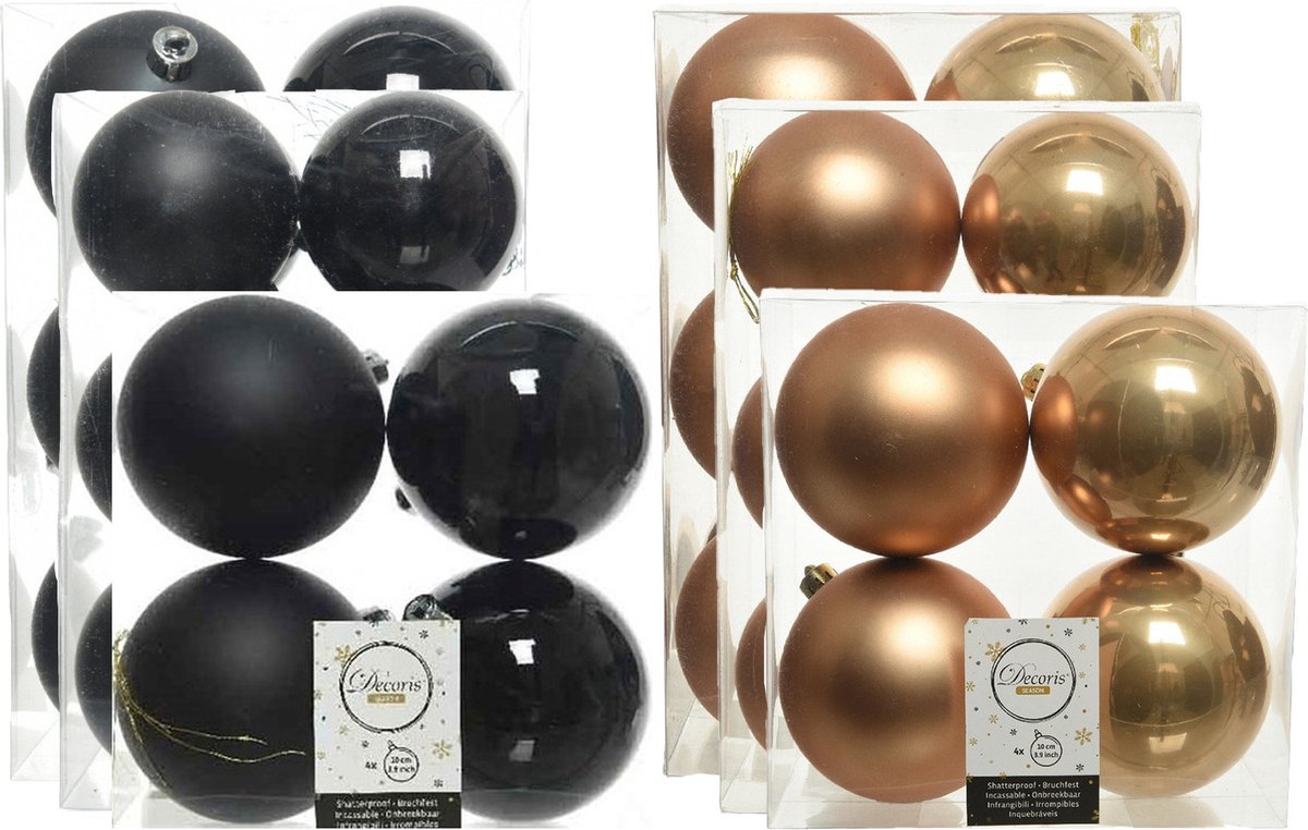Kerstversiering kunststof kerstballen kleuren mix zwart/camel 6-8-10 cm pakket van 44x stuks