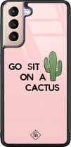 Casimoda® hoesje - Geschikt voor Samsung Galaxy S21 Plus - Go Sit On A Cactus - Luxe Hard Case Zwart - Backcover telefoonhoesje - Roze