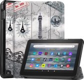 Tablet hoes geschikt voor Amazon Fire 7 (2022) tri-fold hoesje - book case met auto/wake functie - Eiffeltoren