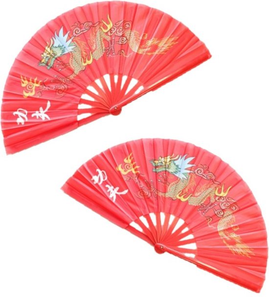 2x stuks handwaaiers/Tai Chi waaiers draak rood - polyester - Verkoeling in de zomer