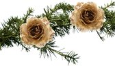 Kerstboom bloemen op clip - 2x stuks- goud glitter - kunststof -14 cm