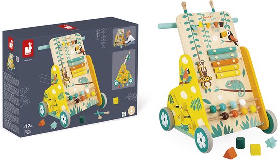 Foto: Janod tropik baby loopwagen houten looptrainer met 6 activiteiten telraam een vormendoos een schattig glijdend aapje een doolhof glijdende kralen en een xylofoon geschikt vanaf 1 jaar