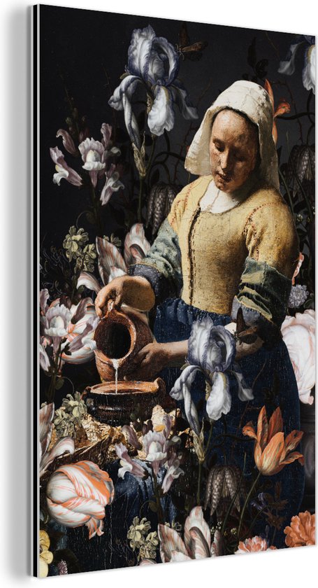 Wanddecoratie Metaal - Aluminium Schilderij - Melkmeisje - Johannes Vermeer - Bloemen - Blauw