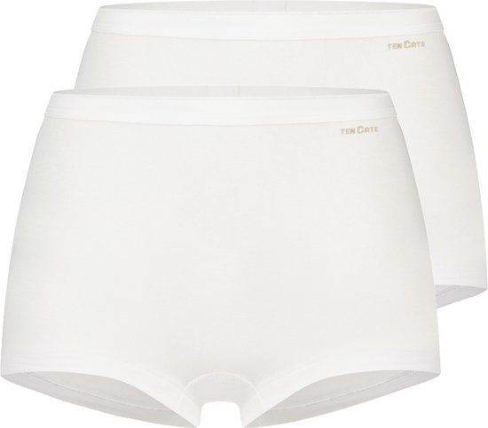 Twee witte shorts met beige elastische taillebanden en logo.