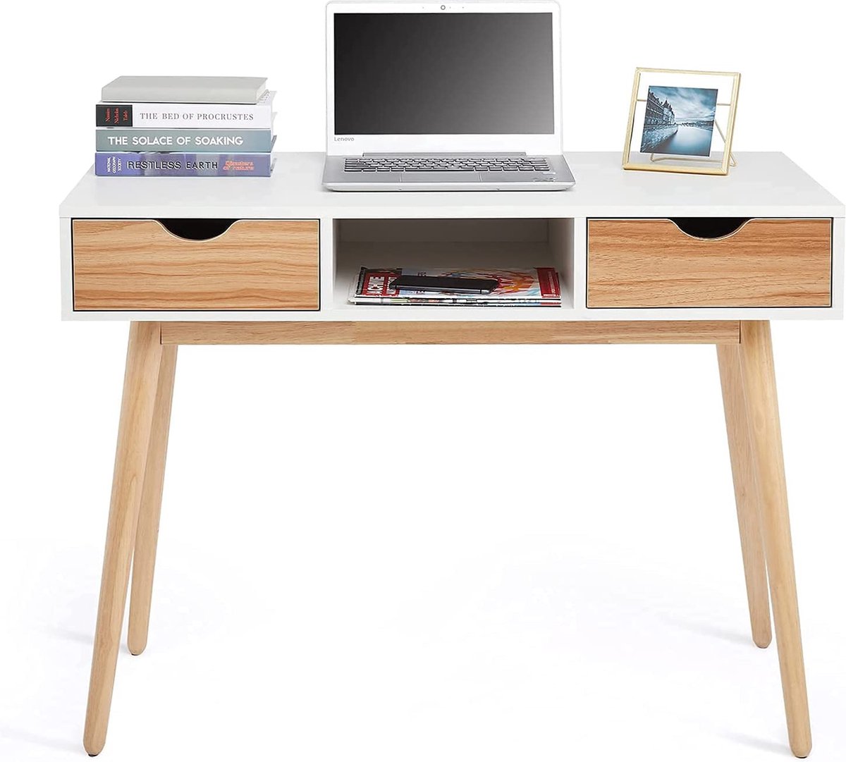 LIVINGSIGNS Bureau, computertafel met 2 schuifladen, 1 opbergunit Scandinavische stijl voor werkkamer kantoor en slaapkamer, 100 x 48 x 75 cm, wit en eiken
