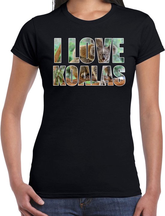 Tekst shirt I love koalas met dieren foto van een koala zwart voor dames - cadeau t-shirt koalaberen liefhebber L