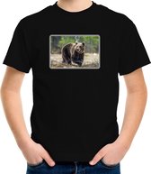 Dieren shirt met beren foto - zwart - voor kinderen - natuur / beer cadeau t-shirt 110/116