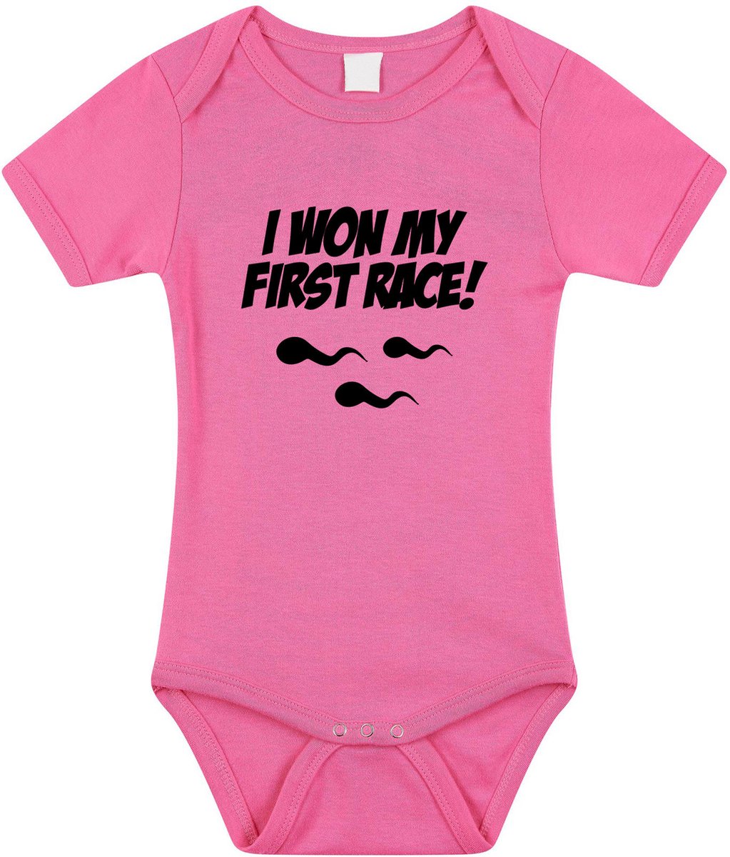 I won my first race tekst baby rompertje roze meisjes - Kraamcadeau - Babykleding 56
