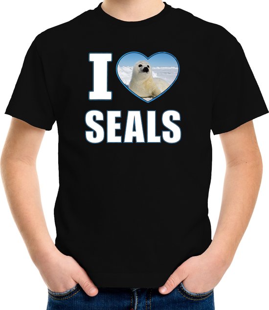 I love seals t-shirt met dieren foto van een zeehond zwart voor kinderen - cadeau shirt zeehonden liefhebber - kinderkleding / kleding 158/164