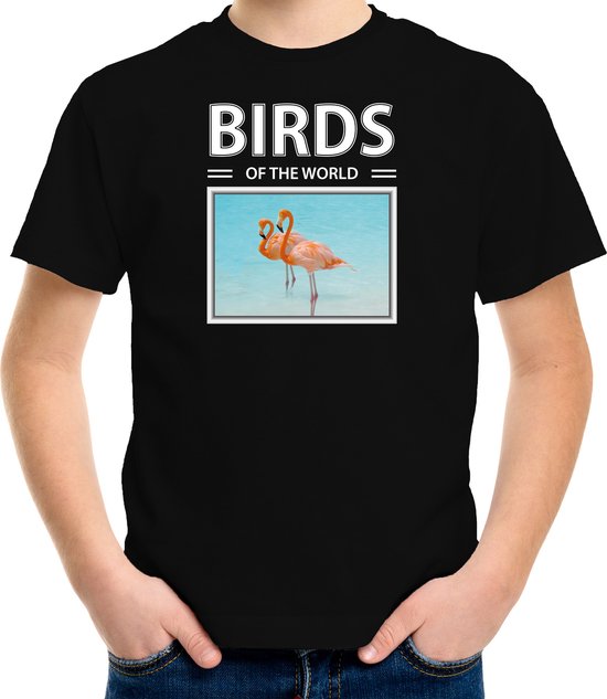 Dieren foto t-shirt Flamingo vogel - zwart - kinderen - birds of the world - cadeau shirt vogel liefhebber - kinderkleding / kleding 158/164