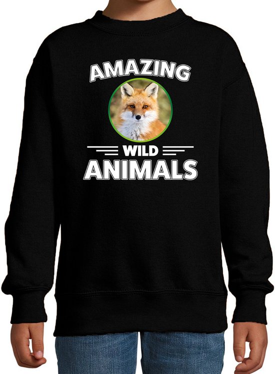 Sweater vos - zwart - kinderen - amazing wild animals - cadeau trui vos / vossen liefhebber jaar