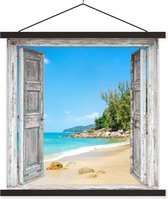 Posterhanger incl. Poster 120x120 cm - Schoolplaat - Strand - Doorkijk - zomer - Tropisch - Textielposter - Zwarte latten